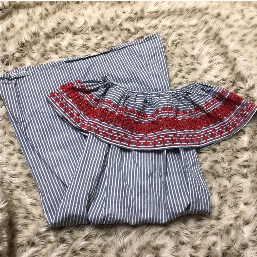 ASOS Blue Striped Off-Shoulder Dress with Red Embroidery